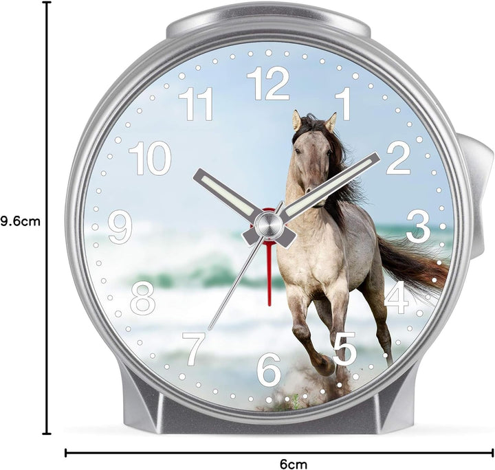Eurotime Kinder Wecker für Mädchen mit Pferde-Motiv, Kunststoffgehäuse und Kunststoffglas, geräuscha