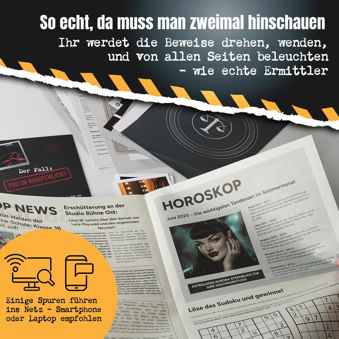 Krimispiel „Der Fall: Tod im Rampenlicht“ – Mordfall lösen & Beweise analysieren – Ermittlerspiel mi