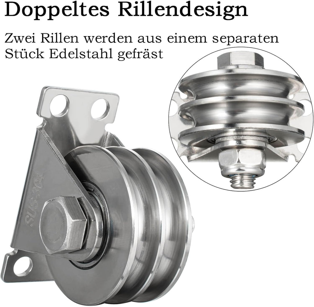 Doppelte Umlenkrolle mit 2 Kugellager, Edelstahl Flaschenzug, Umlenkrollen für 8mm Seile Stahlseil,