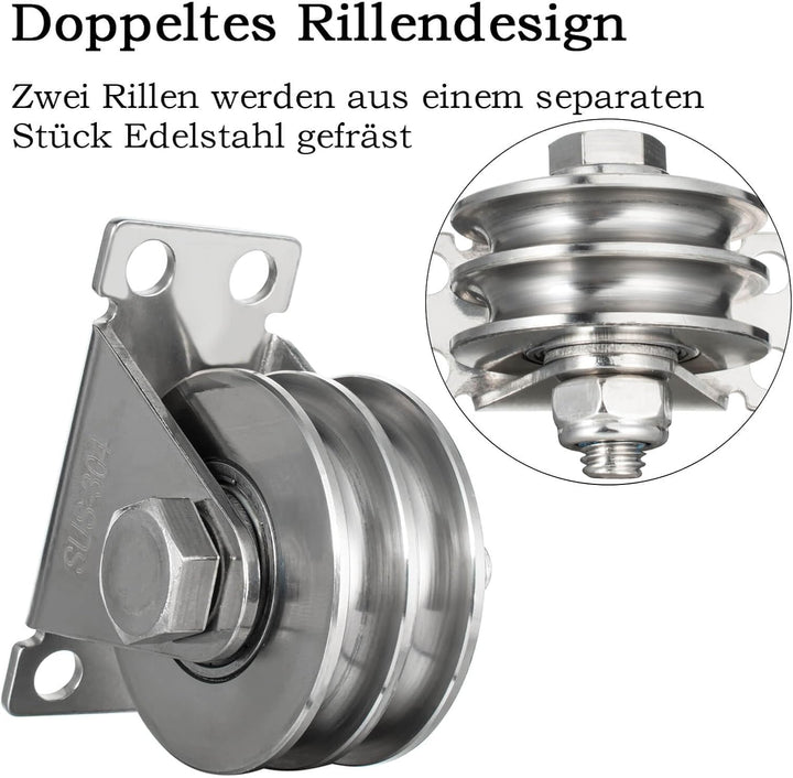 Doppelte Umlenkrolle mit 2 Kugellager, Edelstahl Flaschenzug, Umlenkrollen für 8mm Seile Stahlseil,