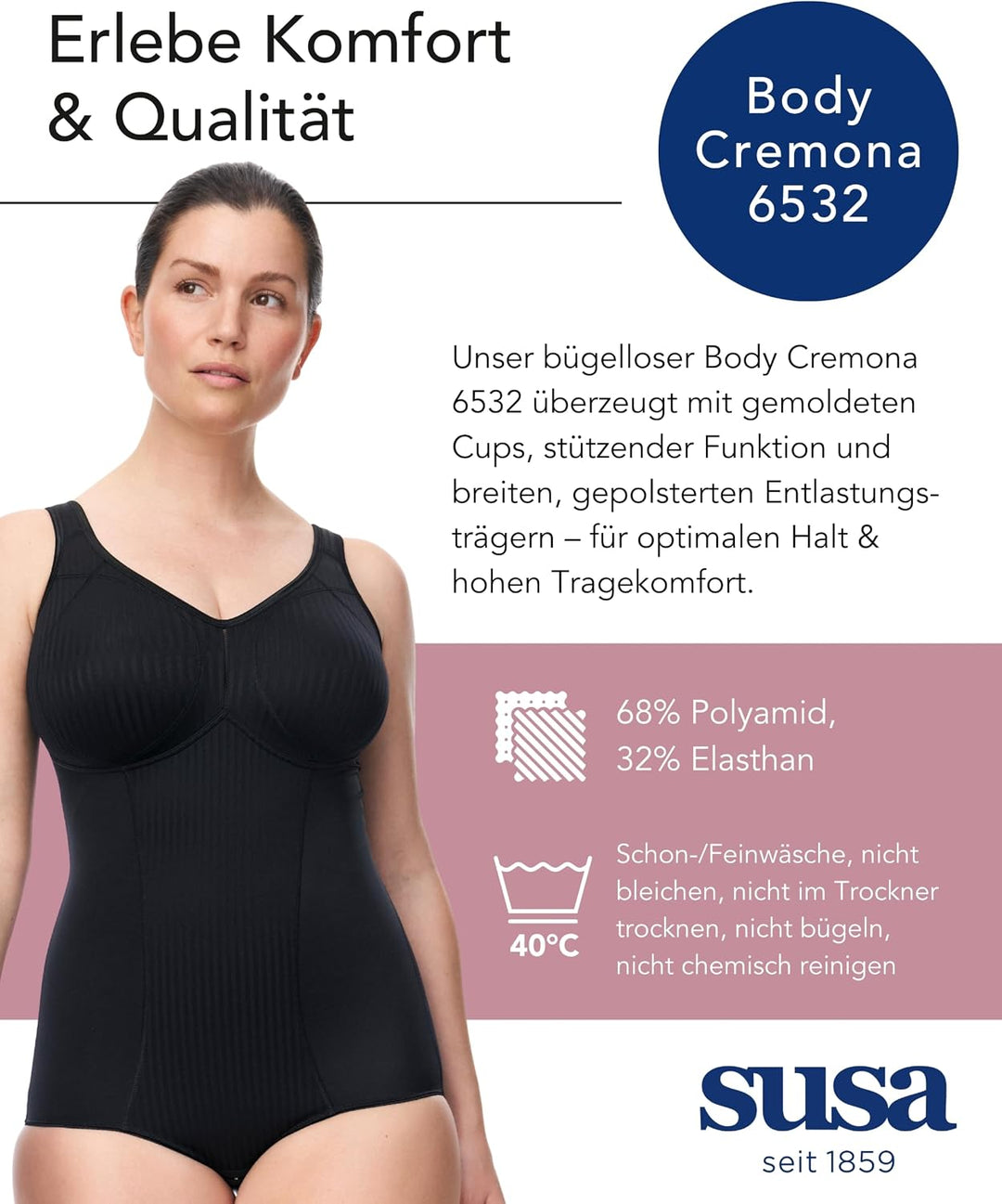 SUSA Body ohne Bügel Cremana / Body Shapewear Damen stark formend / Frauen Mieder / Softer Bodysuit