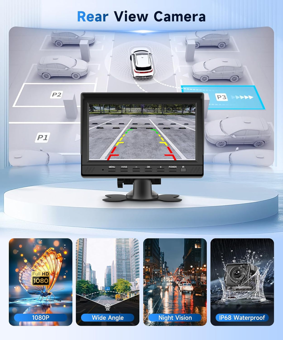 Rimoody Rückfahrkamera Set, 7 Zoll IPS Monitor mit 2 Rückfahrkameras 15m+10m Kabel, DVR, Loop Video,