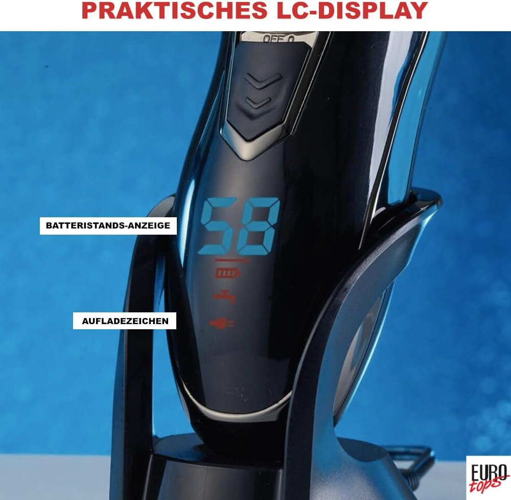 EUROtops Herren Elektro-Rasierer mit 3 Scherköpfen – LC-Display/Lade-Station, Kabelloser Nass- / Tro