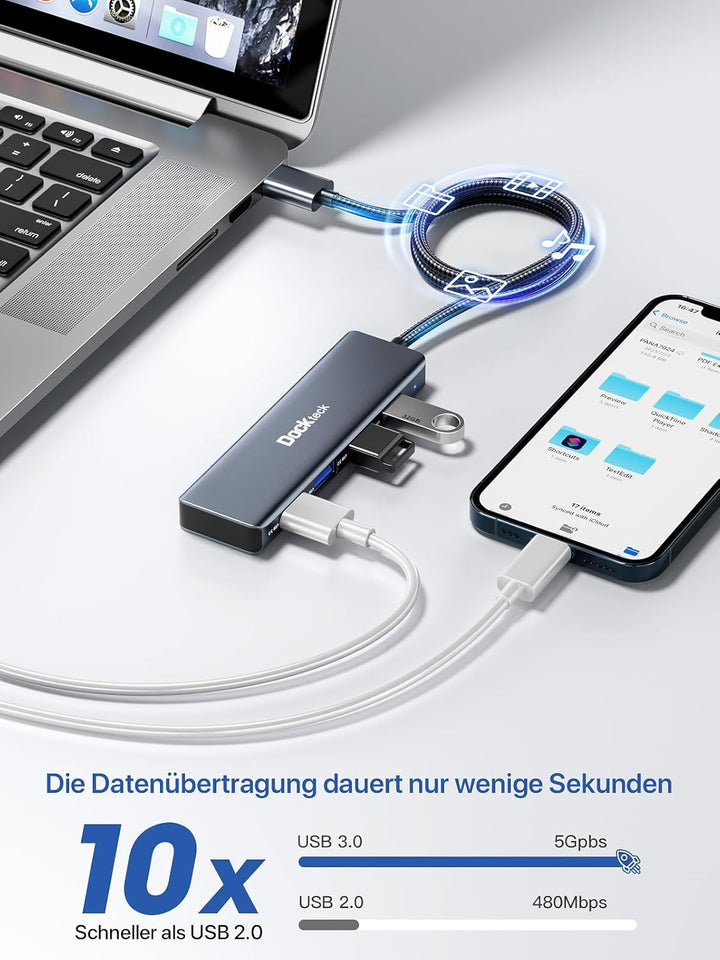 Dockteck USB Hub 3.0 Ultra Flacher Datenhub mit Nylon Geflochten Verlängerungskabel 60cm,Mehrfach US