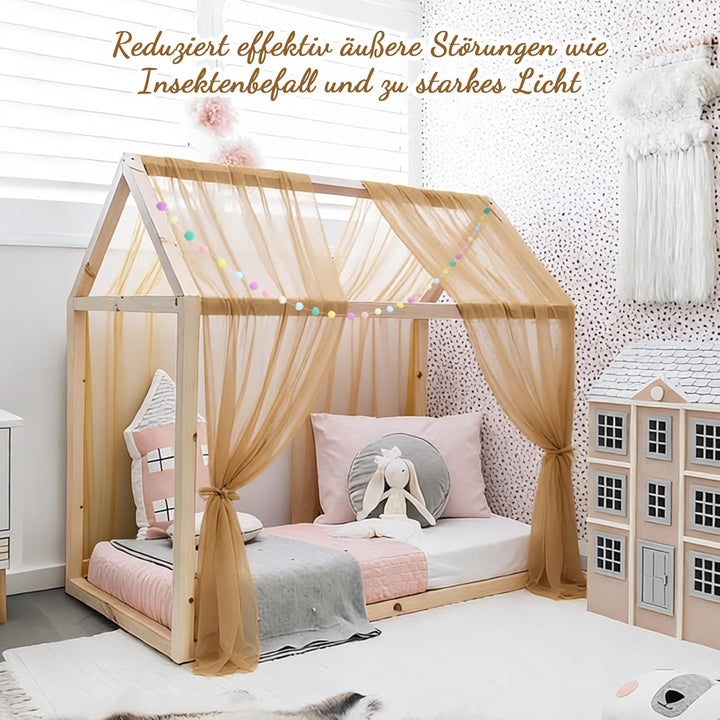 DOINEUFL 2 Stück Hausbett Himmel für Kinderbett, 160x350cm mit Farbiger Pompon-Girlande & Befestigun