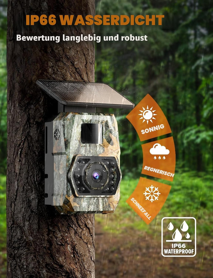 Wildkamera mit Handyübertragung App, 4K 60MP HD Solar WLAN Wildkamera, 5200mAH Akku, Wildtierkamera