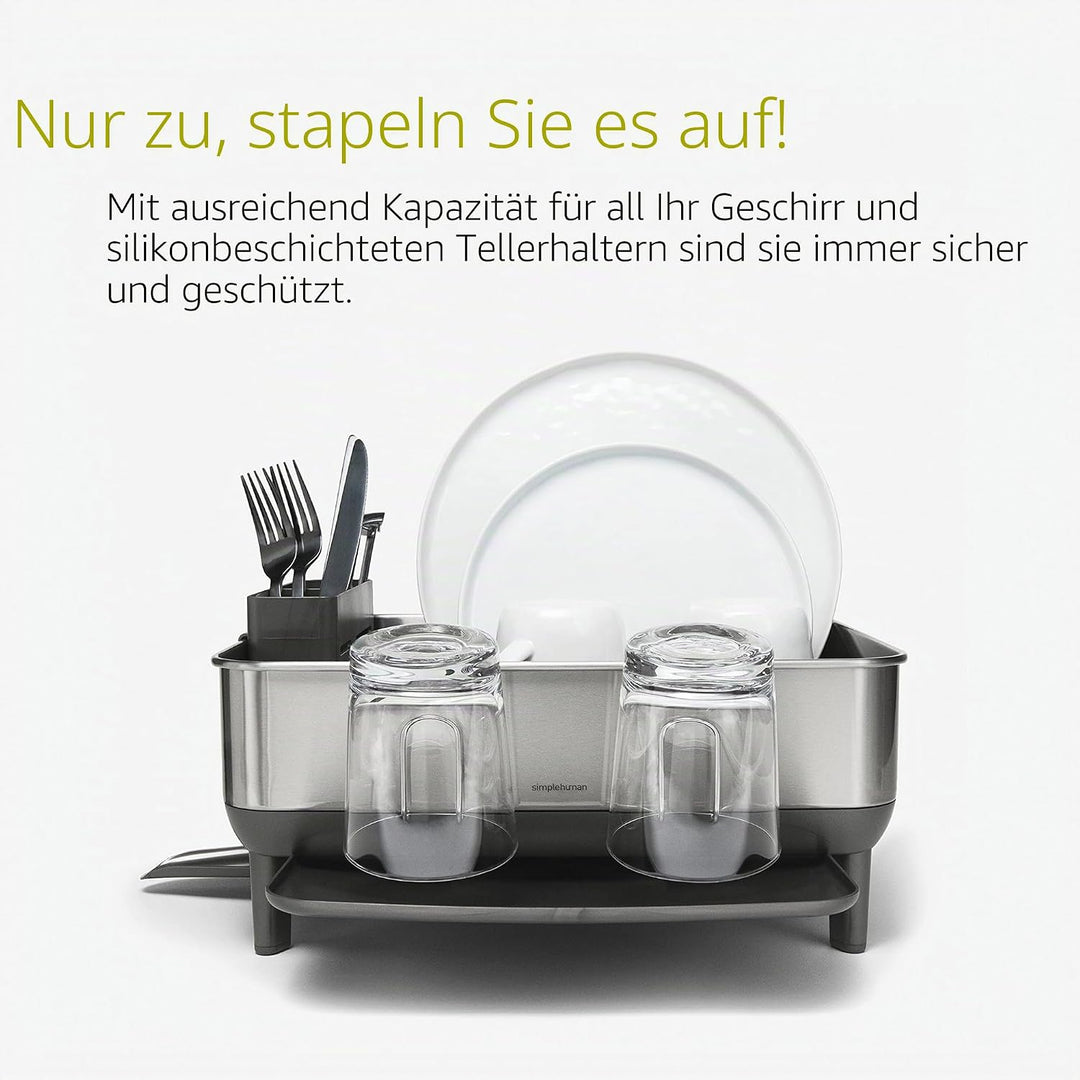 Simplehuman Geschirr-Abtropfgestell aus Edelstahl in der Farbe Grau, Masse: 39,4cm x 38cm x 19cm, KT