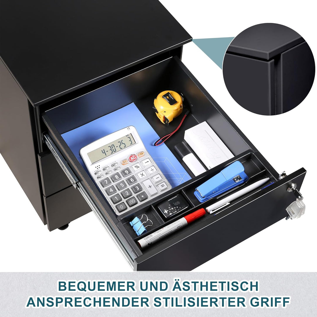 LVSTEEL Rollcontainer mit Schubladen, Mobiler Aktenschrank unter Schreibtisch, Abschliessbarer Büros
