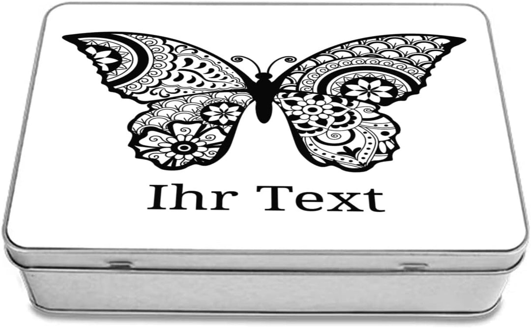 gravur-farbik.de – personalisierbare eckige Dose mit Name oder Wunschtext – Zentangle Schmetterling