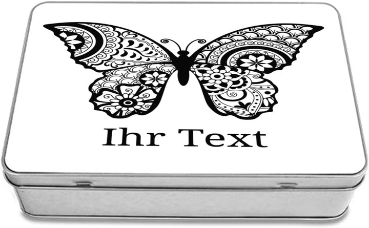 gravur-farbik.de – personalisierbare eckige Dose mit Name oder Wunschtext – Zentangle Schmetterling