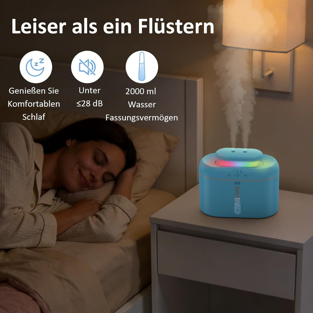Luftbefeuchter fürs Schlafzimmer, 2000ml Kaltnebel-Luftbefeuchter für Zuhause, Ultraleise (28 db), L