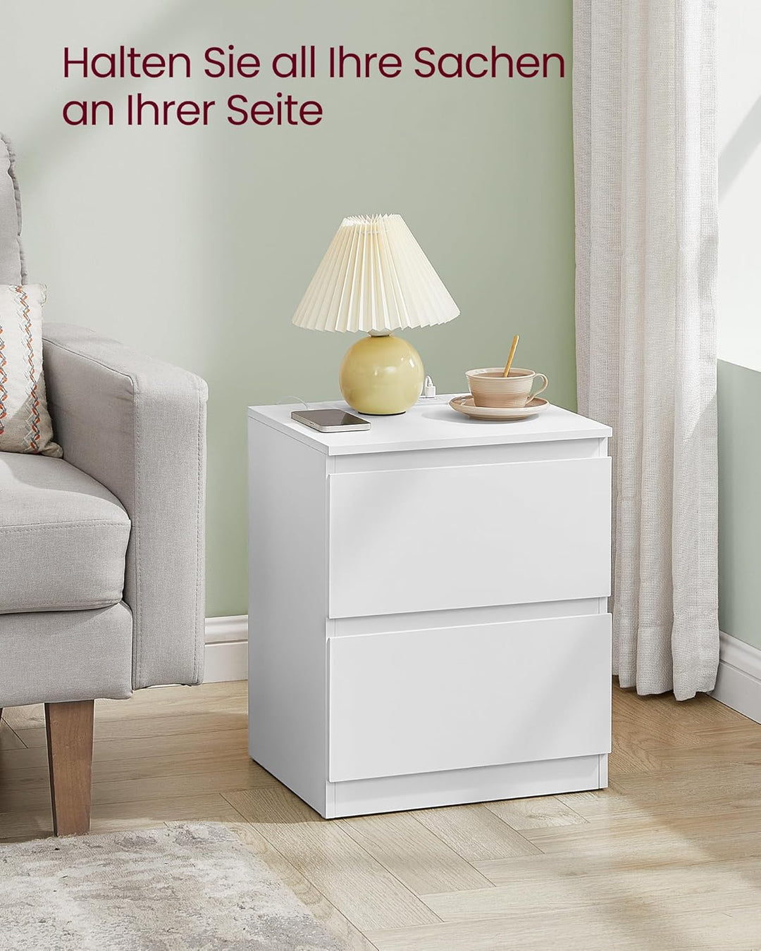 VASAGLE Kailyn Kollektion - Nachttisch mit Steckdosenleiste, 2er Set, Beistelltisch 2 Schubladen, 2