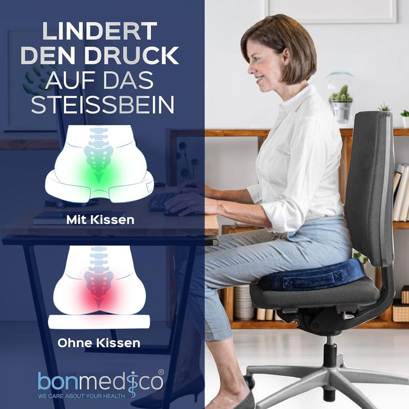 bonmedico Sitzkissen orthopädisch - Memory Foam Gel Steissbeinkissen - Ergonomisches Sitzkissen für