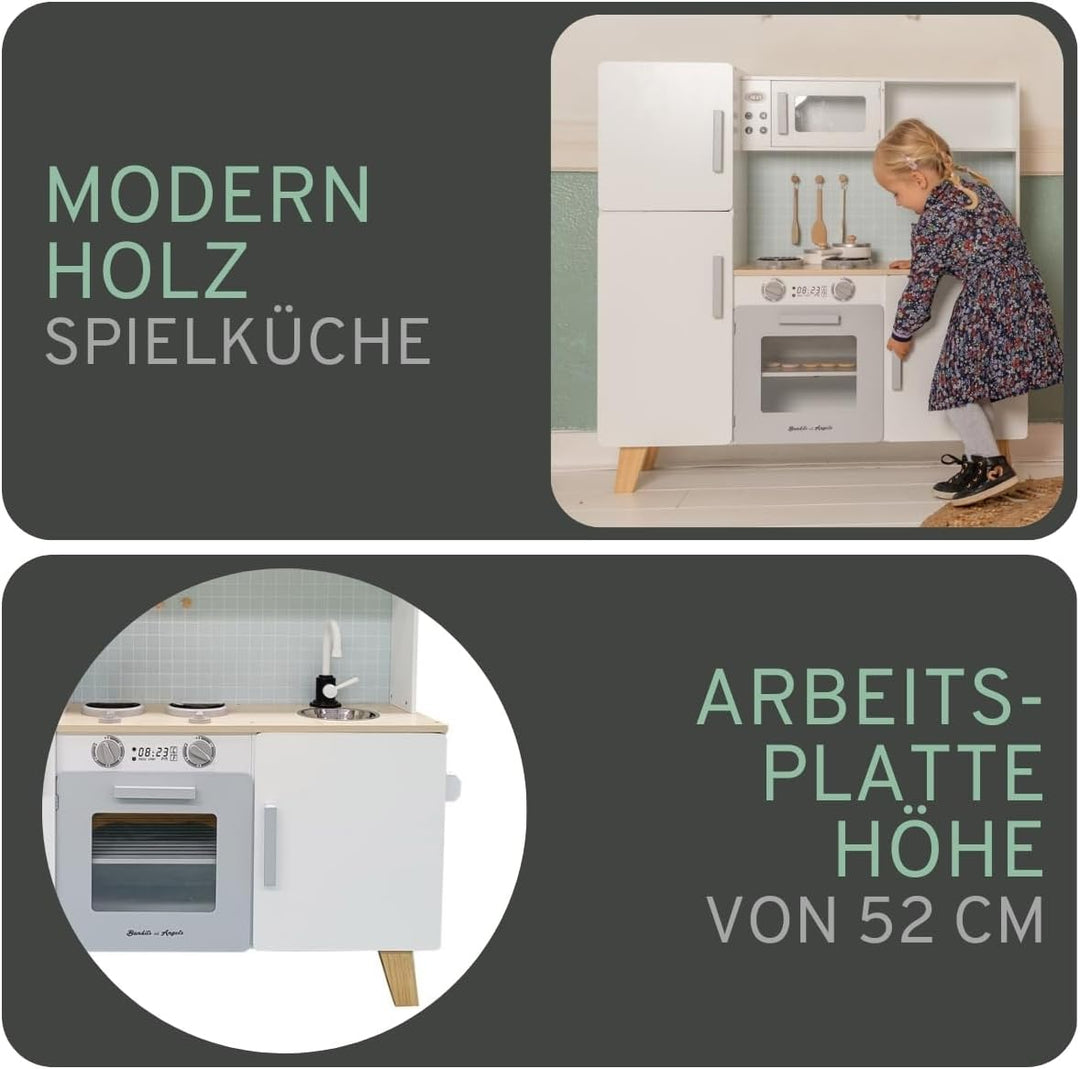 Bandits & Angels Holz-Kinderküche XL Modern Weiss/Grau ab 3 Jahren – Thekenhöhe 52 cm – Inkl. 5 Zube