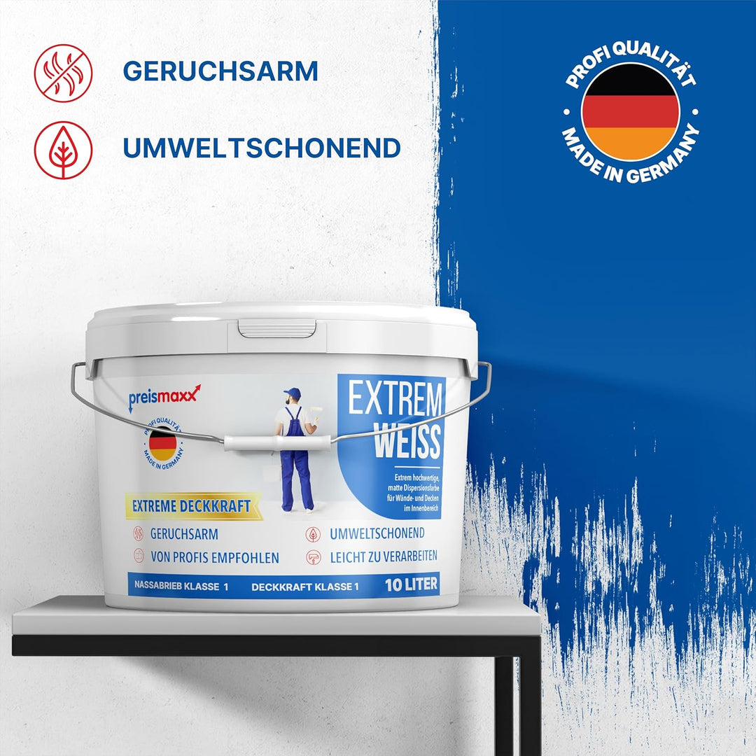 preismaxx Wandfarbe weiss, Innenfarbe, sehr hohe Deckkraft Klasse 1, 10 Liter, Nassabriebklasse 1, m