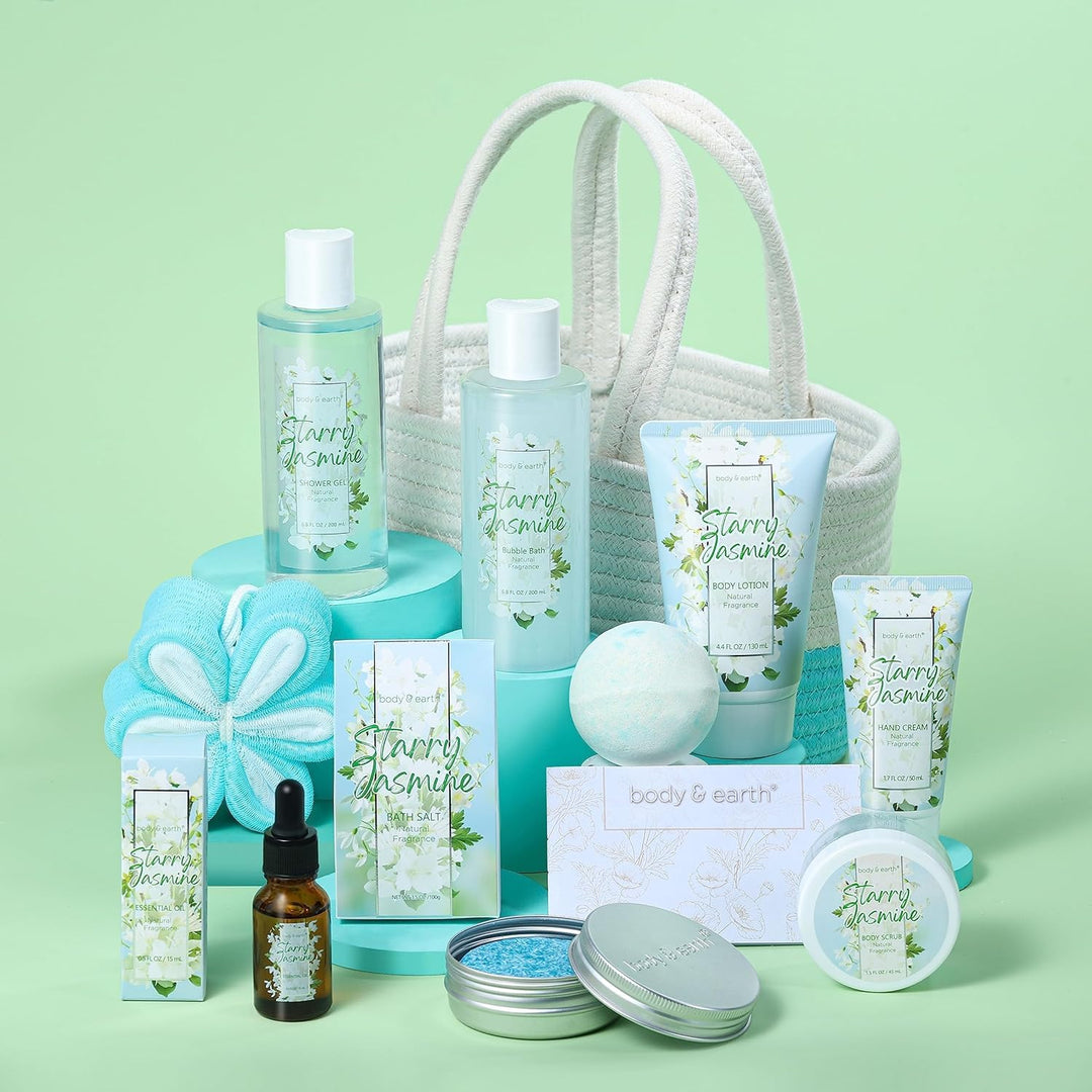 BODY & EARTH Geschenkset Frauen, 11 tlg. Jasmin Geschenkkorb, Ätherisches Öl, Duschgel, Schaumbad, S