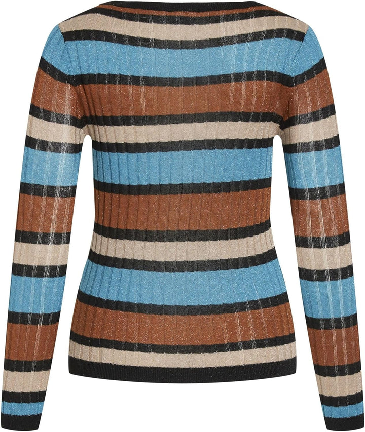Vila Damen Viember New L/S Glitter Knit Top/Su Langarmshirt L Tahitian Teal/Stripes:doeskin/Caramel