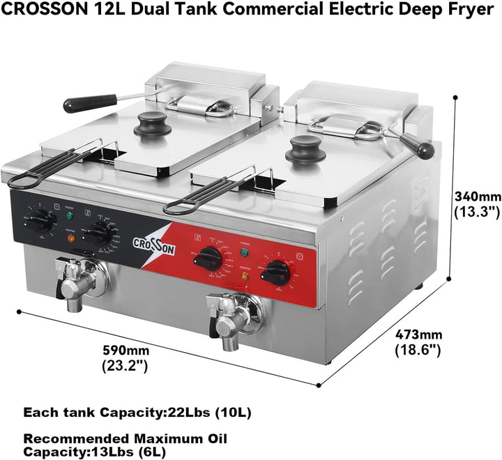 CROSSON Elektrische Fritteuse mit zwei Tanks, Abfluss, festem Korb und Deckel für den Restaurant- un