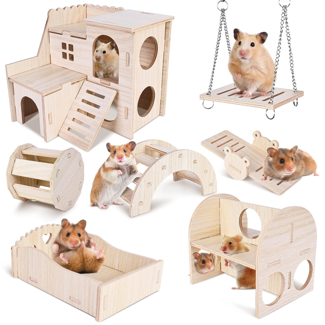 Hamster Haus aus Holz, Hamster Spielzeug, 7 Stück DIY Haus für Meerschweinchen Holz, Hamster Haus Gl