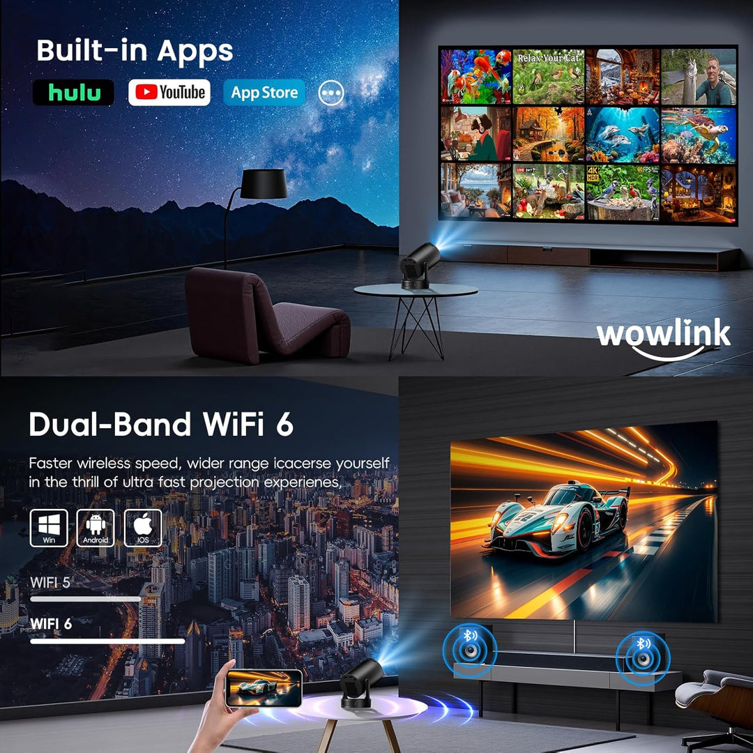 Mini Beamer Unterstützt 4K 1080P, Projektor Tragbarer mit WiFi 6 und Bluetooth 5.4, Beamer Klein Pro