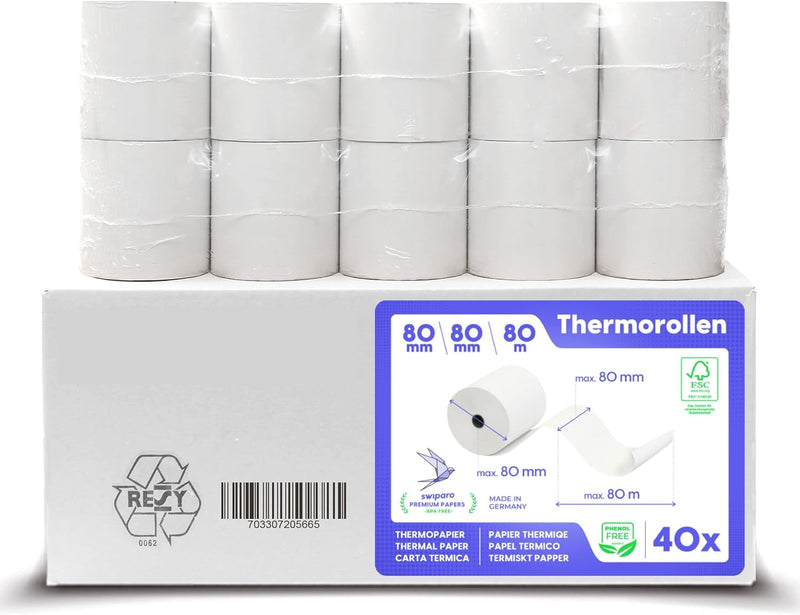 SWIPARO - Thermorollen 80mm x 80m x 12mm - Kassenrollen - Bonrollen zertifiziert für Registrierkasse