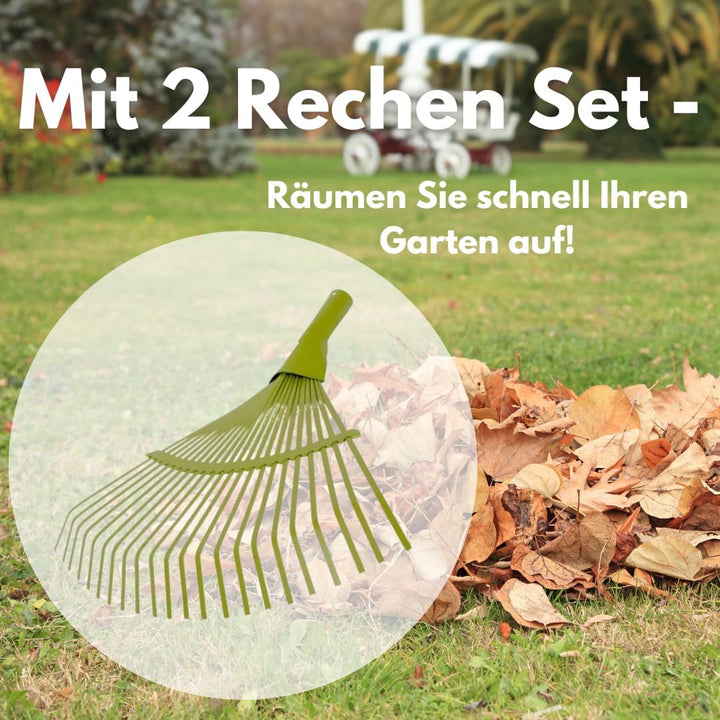 2X Metall Laubbesen mit 22 flachen Zinken, Gartenrechen Laubrechen, Breite: 42cm, grüner Rechen Fäch