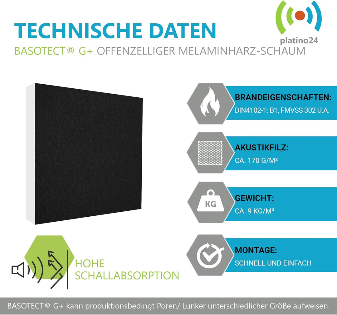 platino24 Schallabsorber COLORE 6 Paneele I 3D Akustikpaneele mit Akustikfilz aus Basotect ® G+ I st
