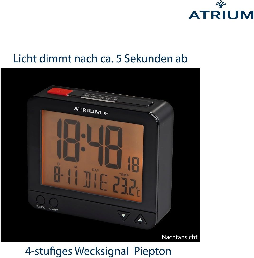 Atrium Funkwecker Digital Quarz sensorgesteuertes Nachtlicht Beleuchtung mit Obenabsteller Datum und
