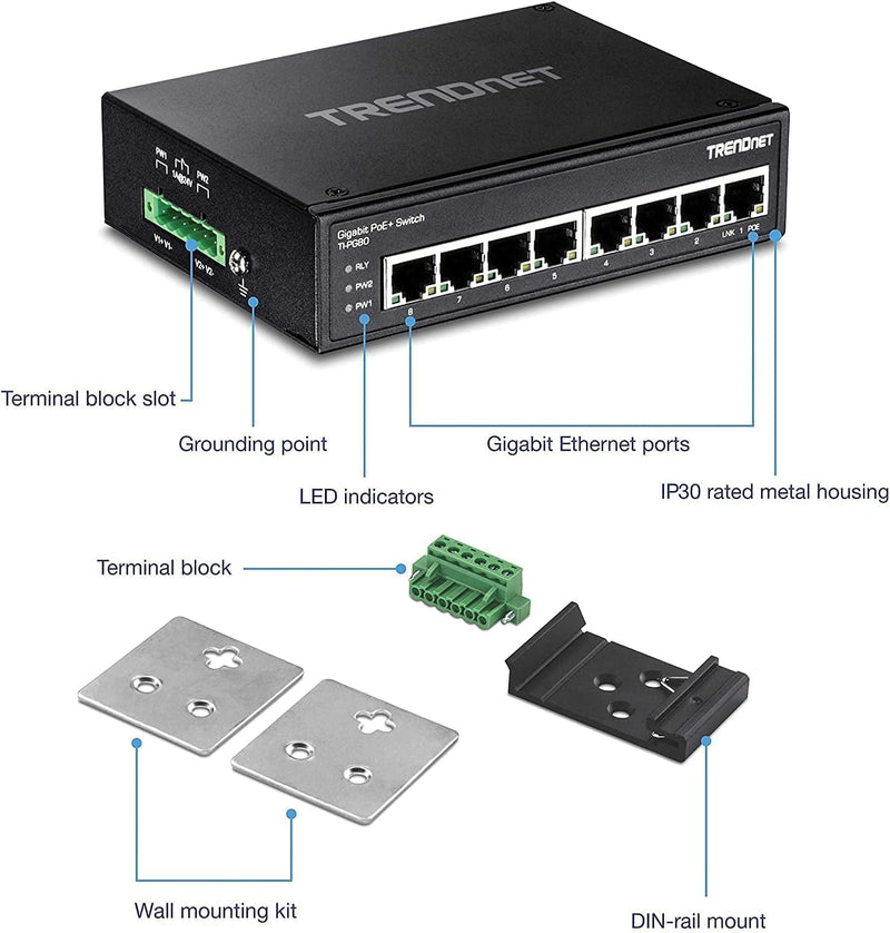 TRENDnet TI-PG80 8-Port gehärteter industrieller, nicht verwalteter Gigabit-PoE + DIN-Schienen-Switc