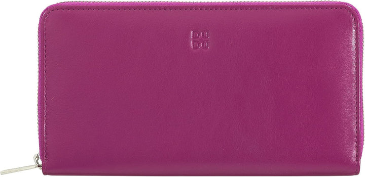 DUDU Grosse Bunte Damenbrieftasche RFID in echtem Leder mit Rundum - Reissverschluss Fuchsia, Fuchsi