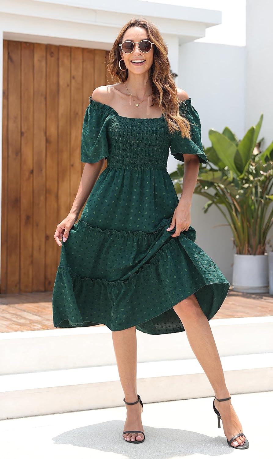 Damen Smocked Midi Kleid Kurzarm U-Ausschnitt Sommerkleid A-Linie Maxikleid Cocktail M Meeresgrün, M