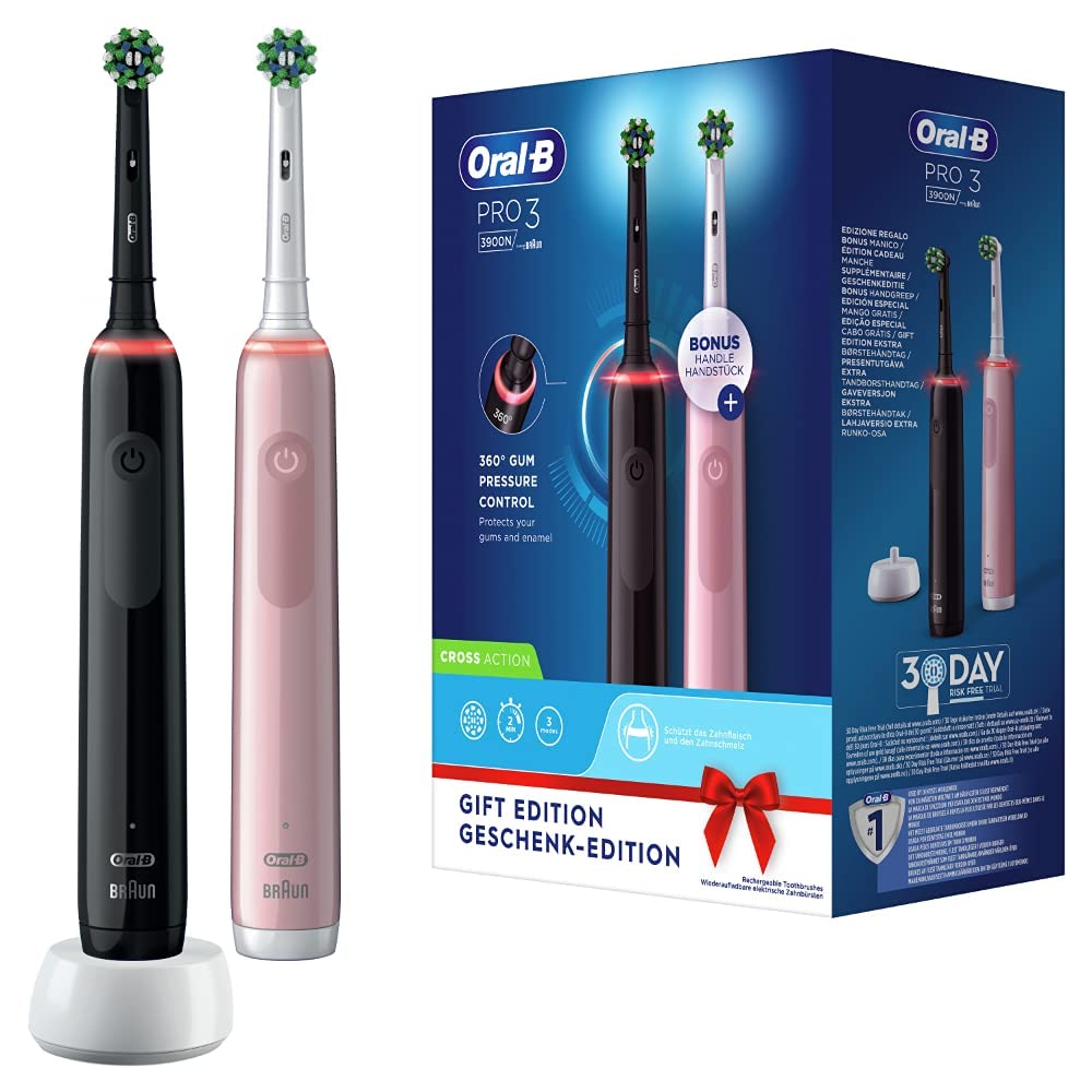 Oral-B Pro 3 3900 Elektrische Zahnbürste, 2 Stück, mit 2 wiederaufladbaren Griffen, Braun-Technologi