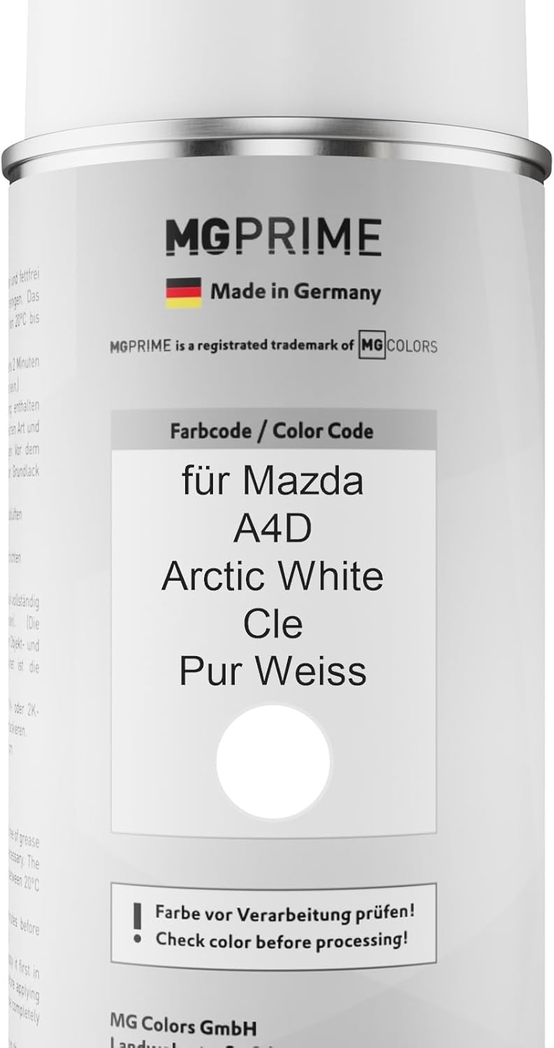 MG PRIME Autolack Sprühdosen Set für Mazda A4D Arctic White Cle/Pur Weiss Basislack Klarlack Spraydo