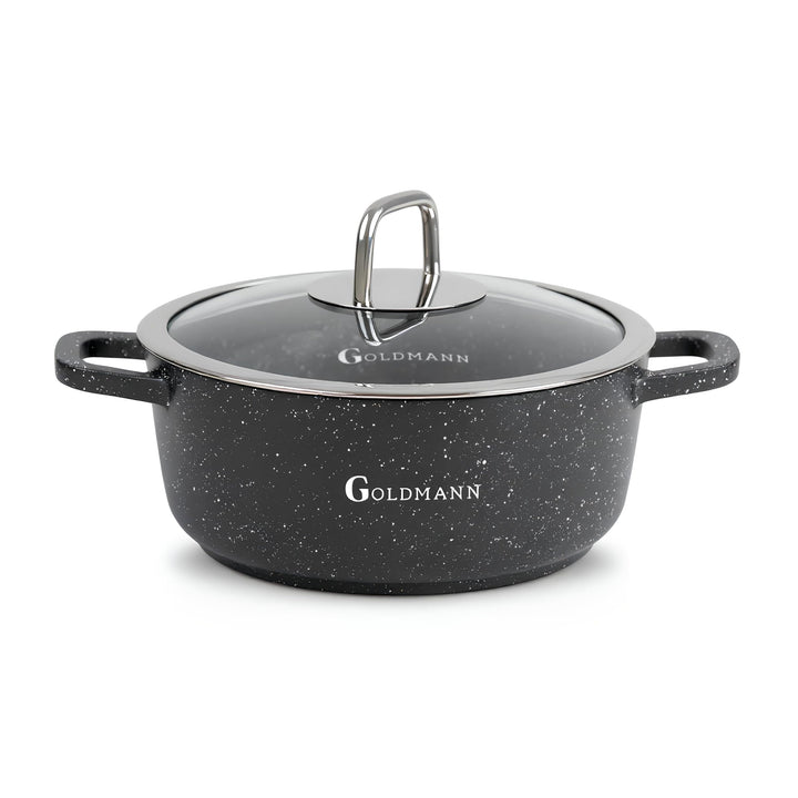 GOLDMANN Premium Gussaluminium Kochtopf 20 cm (2,3 L) – Keramik-Marmor Antihaft-Kasserolle mit Glasd