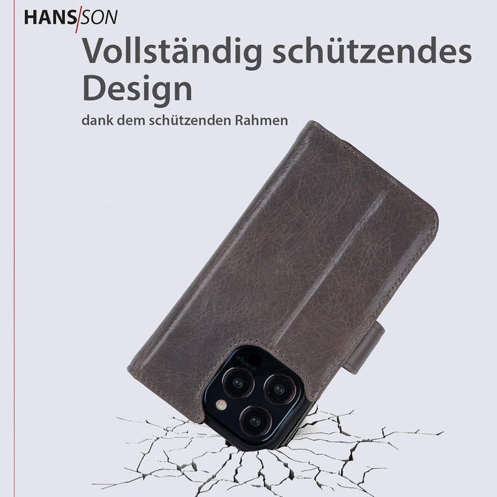 HANS/SON Handyhülle kompatibel mit iPhone 14 pro | Flip Case Echt-Leder | Magsafe Klapphülle mit Kar