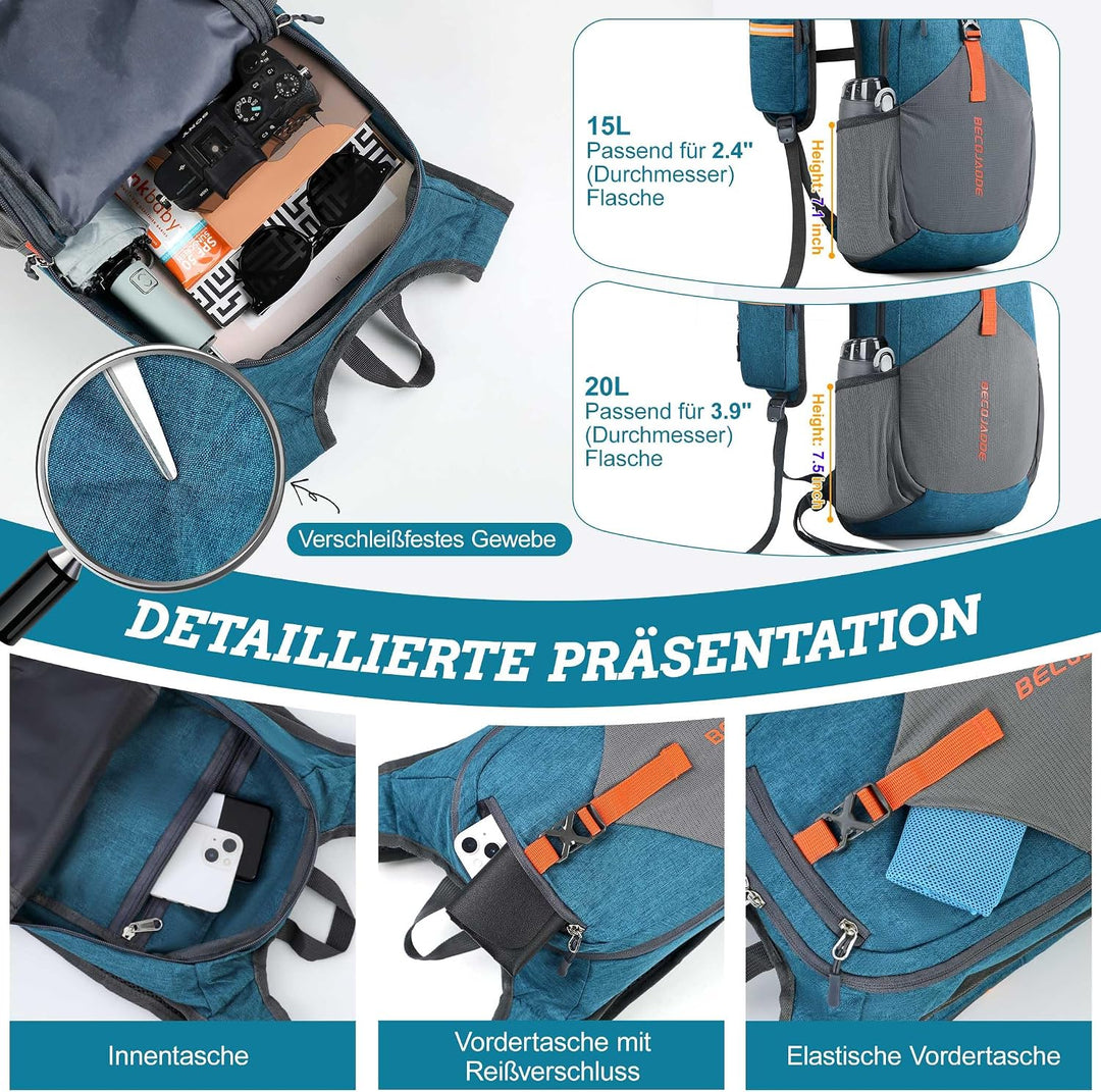 15L Wanderrucksack Herren Kleiner Rucksack Damen Leichter Daypack Tagesrucksack Faltbarer Trekkingru