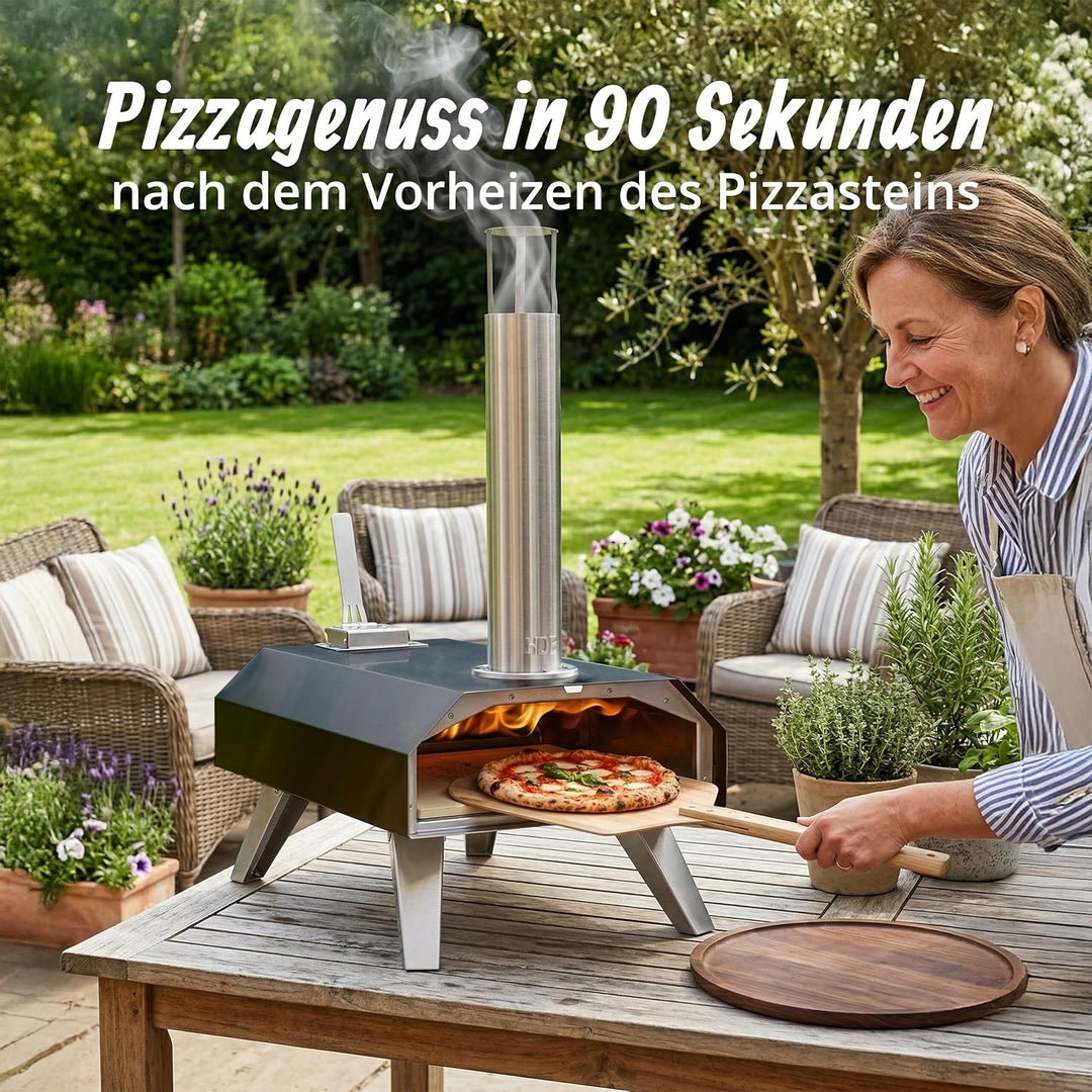 Relaxdays Pizzaofen, für Pellets, Tischpizzaofen, 400°C in 90s, schwarz | HBT 72x36x68 cm, mit Pizza