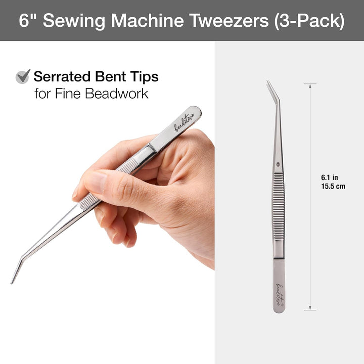 Beaditive 15,5 cm Pinzettenset für Nähmaschinen (10-teilig) mit gezahnten, gebogenen Spitzen | Profe