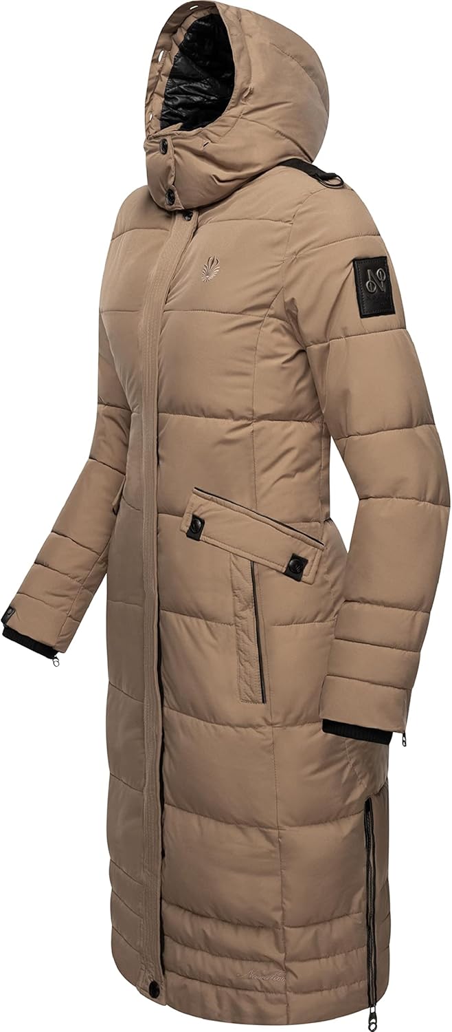 Navahoo Damen Wintermantel Warmer Steppmantel lang mit Abnehmbarer Kapuze Fahmiyaa XS-3XL M Taupe Gr