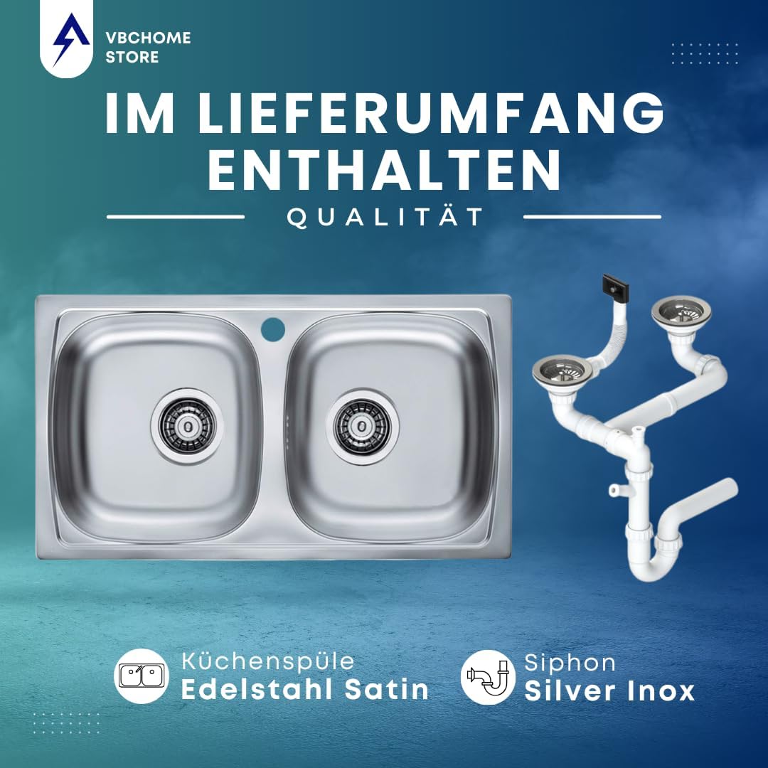 VBChome: Doppelbecken Einbauspüle mit Hahnloch 780 x 435 mm Camping Küchenspüle - Satinstruktur Alve