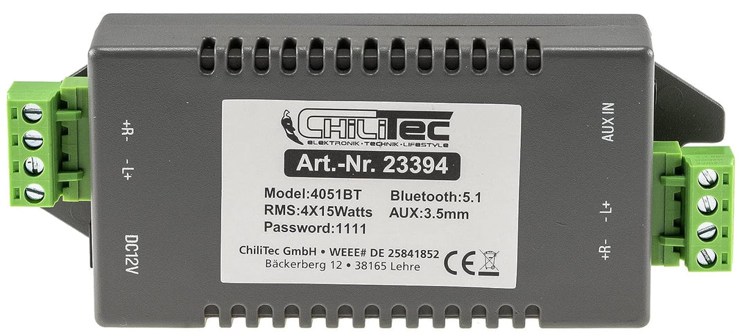 ChiliTec Verstärker Bluetooth 4-Kanal + AUX IN 4x 15Watt Mini Einbau 12V Bluetooth-Empfänger mit Ver