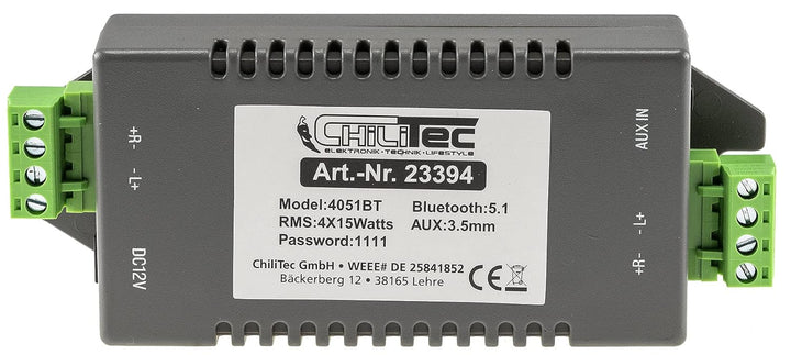 ChiliTec Verstärker Bluetooth 4-Kanal + AUX IN 4x 15Watt Mini Einbau 12V Bluetooth-Empfänger mit Ver