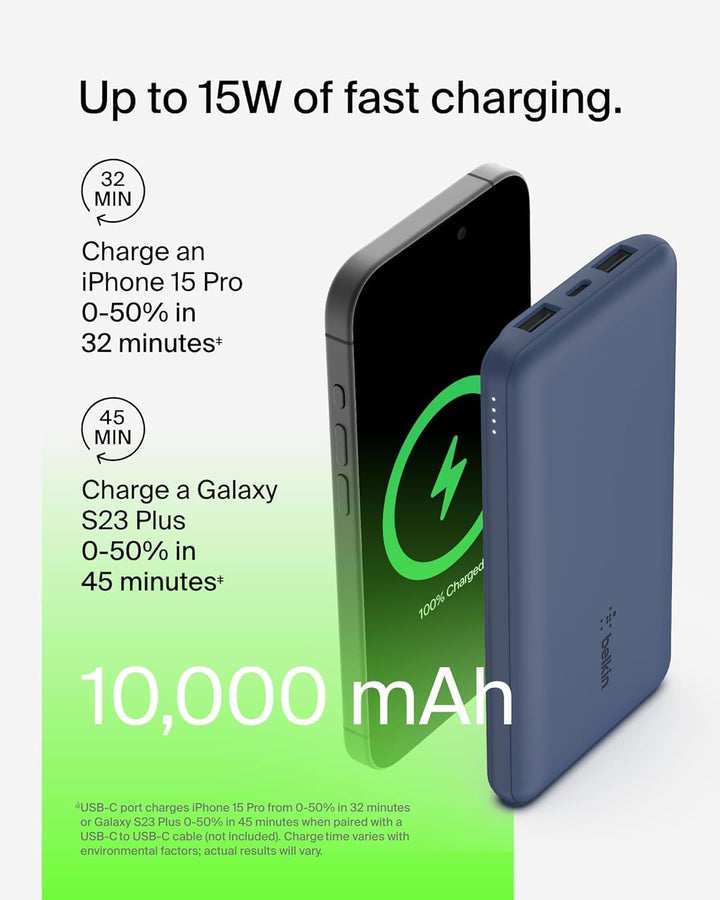 Belkin USB-C-Powerbank (10.000 mAh, 1 USB-C-Port und 2 USB-A-Ports zum Laden von iPhone, AirPods, iP
