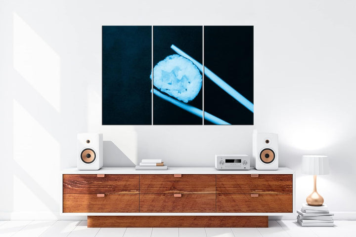 deyoli Sushi auf Essstäbchen Format 120x80 3Teilig Effekt: Monocrome Blau als Leinwandbild, Motiv fe
