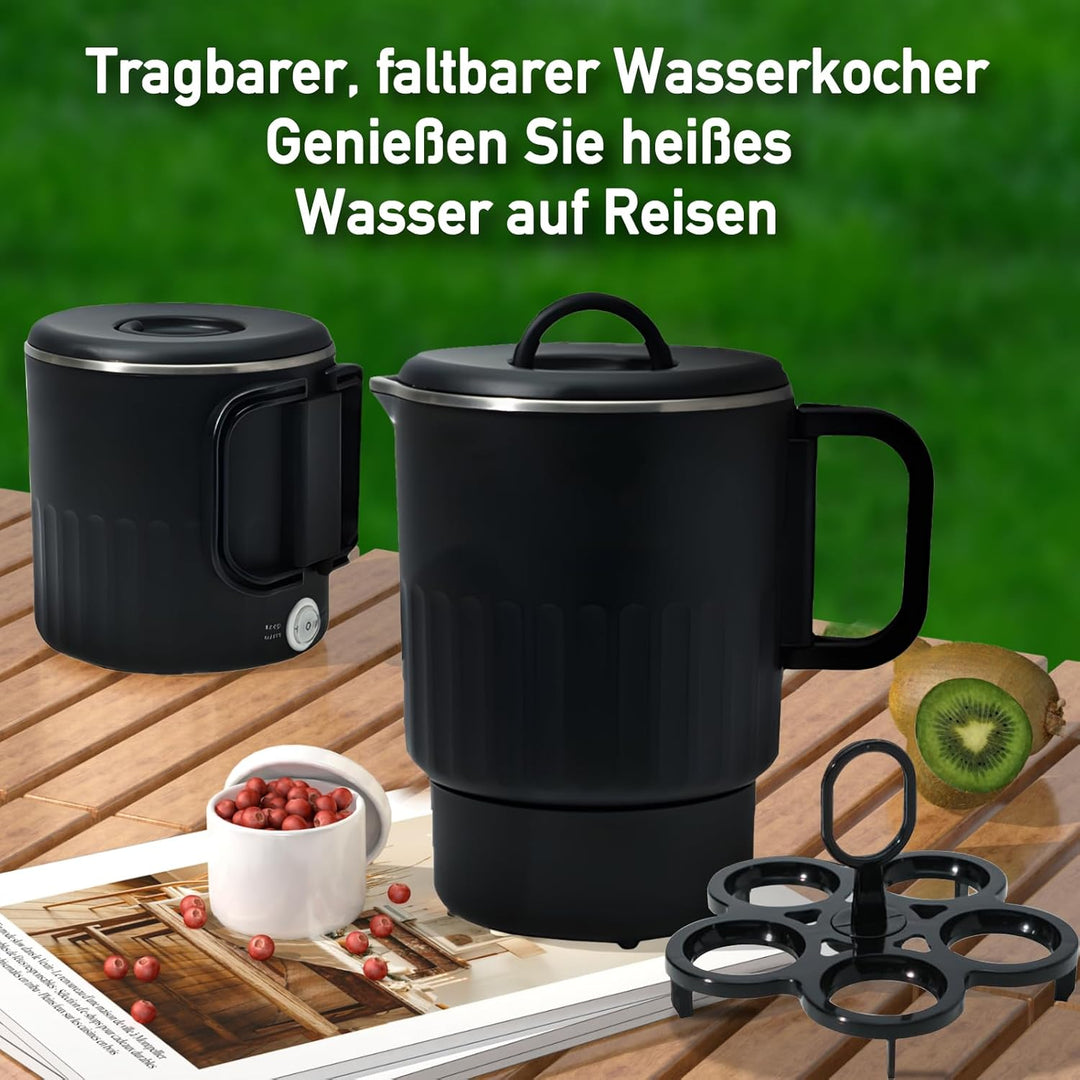 Faltbarer Wasserkocher 1L mit Eierhalter Aufbewahrungstasche Schwarz Reise Camping Wasserkessel Trag