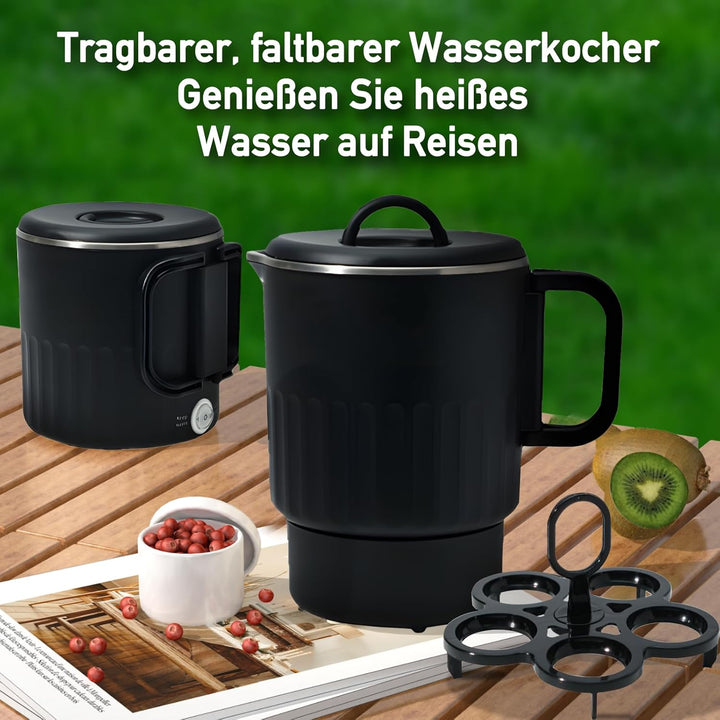 Faltbarer Wasserkocher 1L mit Eierhalter Aufbewahrungstasche Schwarz Reise Camping Wasserkessel Trag
