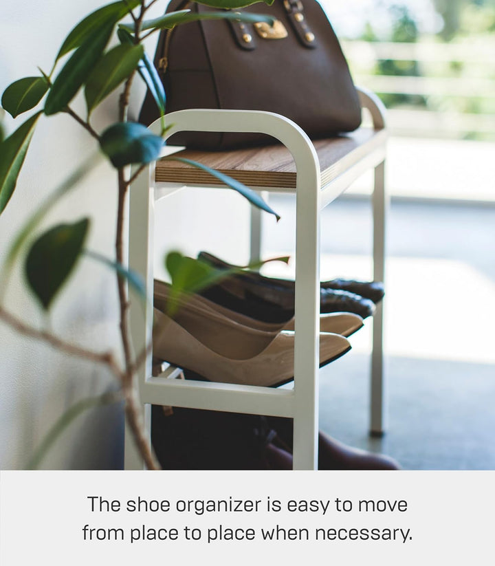 Yamazaki 4787 TOWER Schuhregal mit Holzablage, weiss, Stahl/Schichtholz, Minimalistisches Design, We