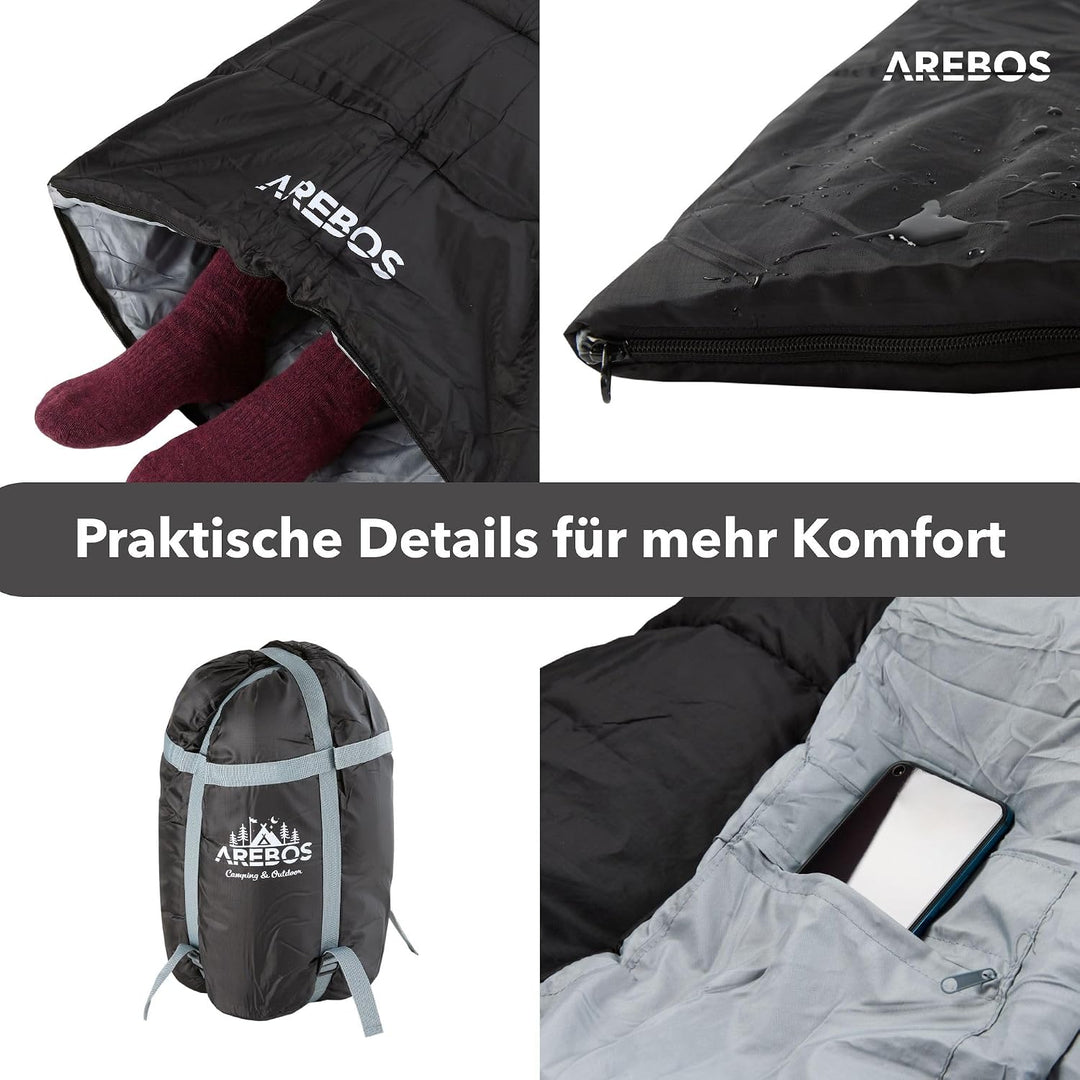 Arebos Camping Schlafsack Erwachsene 220 × 83 cm | Deckenschlafsack | wasserabweisend | inkl. Kompre