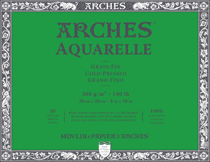 Arches 1711599 Aquarell Block, 20 Blatt Aquarellpapier in Naturweiss, 300g/m², hohe Farbechtheit, Al