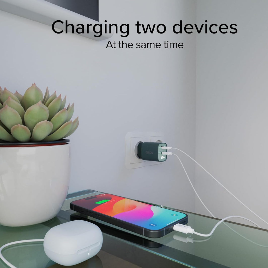 SBS Mehrport-Ladegerät 30W mit LCD, 1 USB-C-Anschluss und 1 USB-A-Anschluss, EU-Stecker, Power Deliv